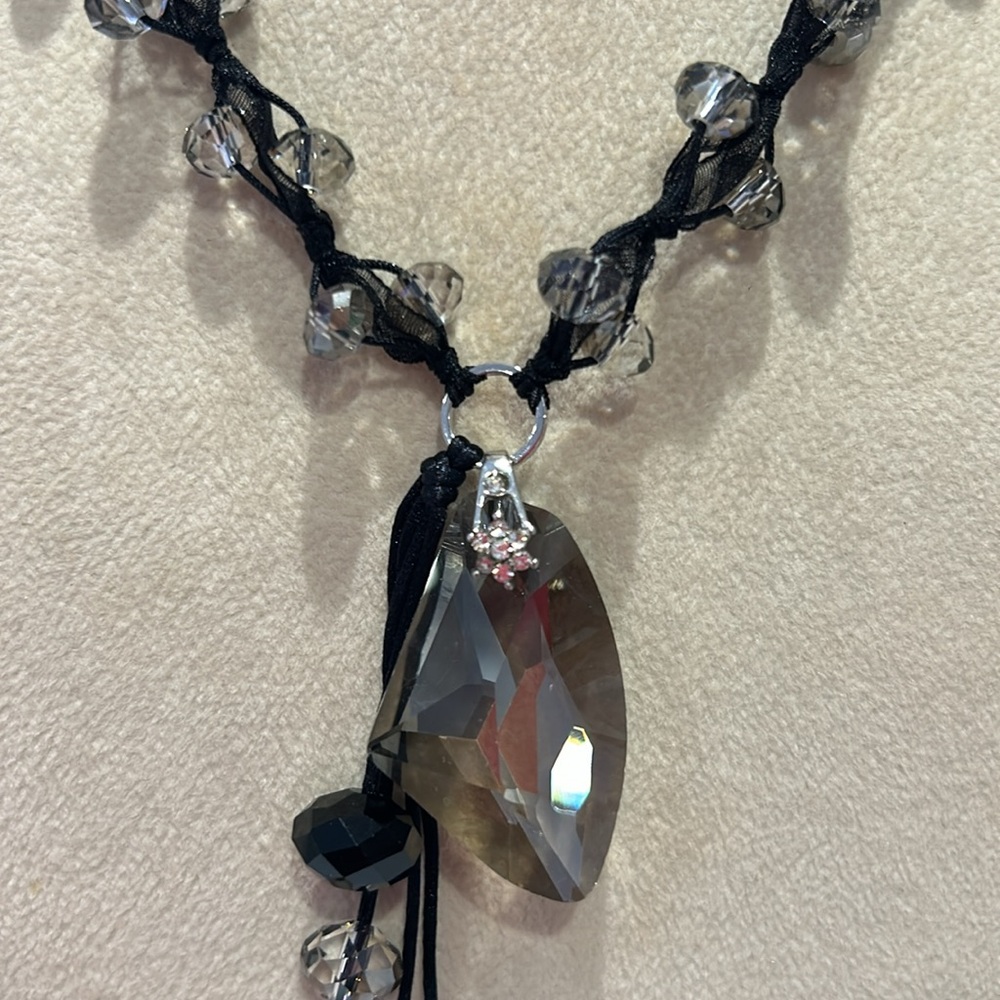 Black Diamond Crystal & Tulle Beaded Necklace-Adjustable-Boutique